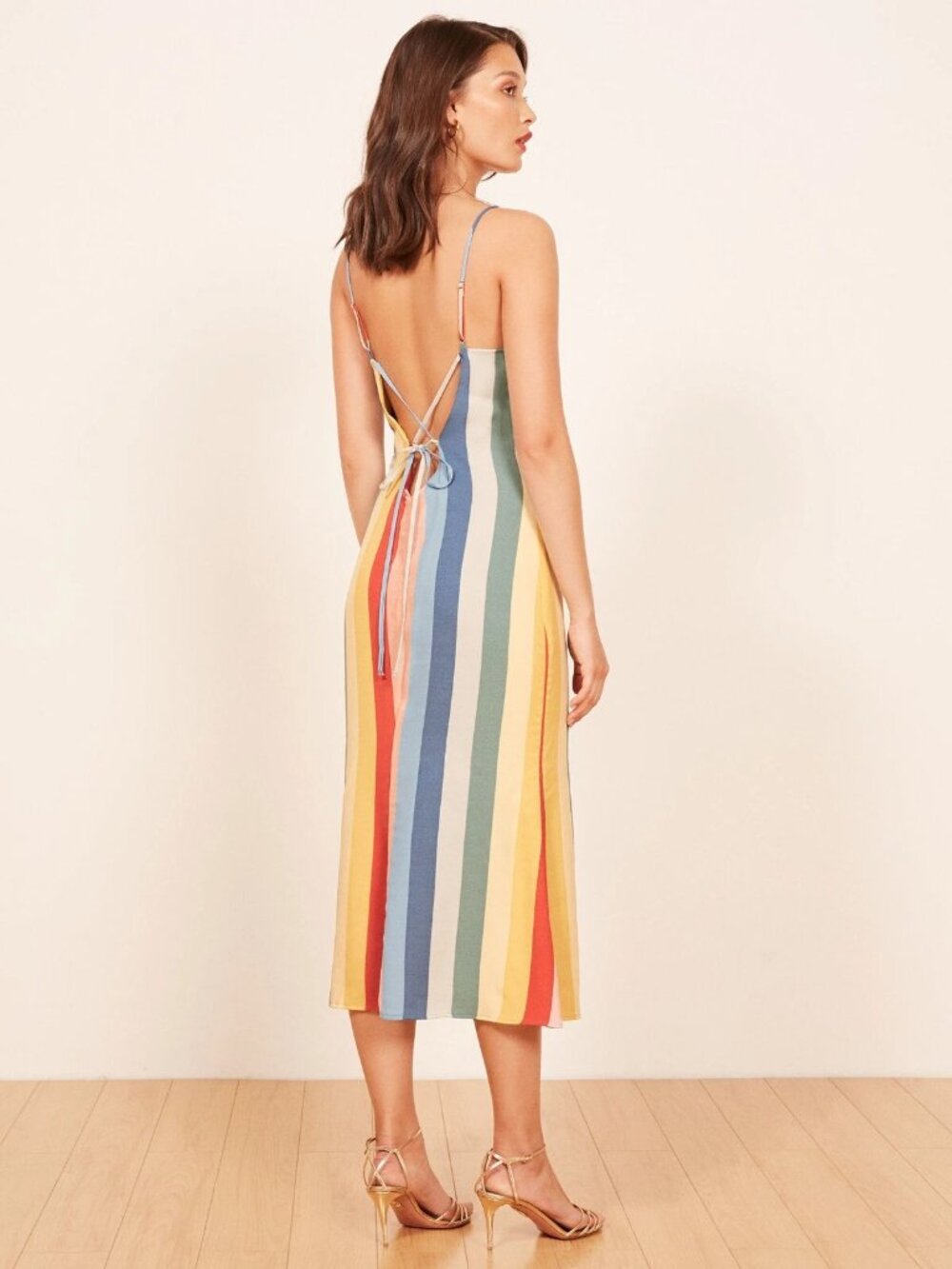 Reformation Jaxon Rainbow V-Neck Midi Dress Back Spaghetti Straps Women's Size 0